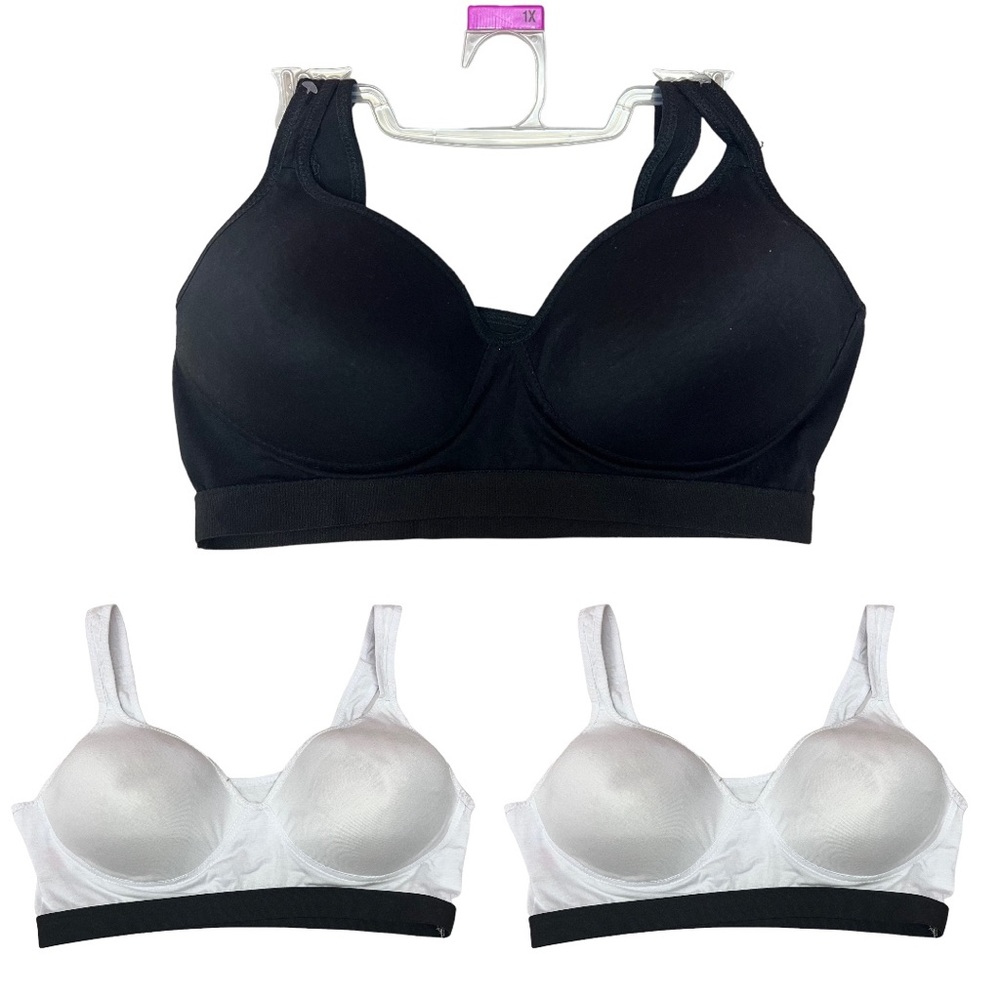 NEW 3 Pack White/Black Wire Free Padded Comfort Fit Medium Support Sports Bra 1X
